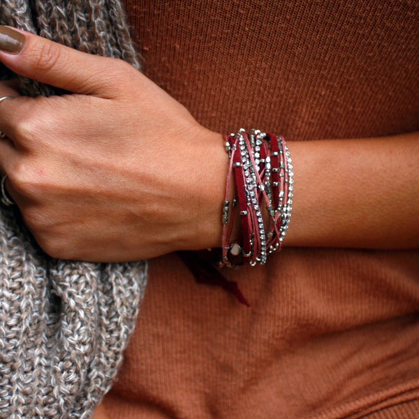 Glistening Strands Double Duty Wrap Bracelet/Necklace with Easy Magnetic Adjustable Clasp - Maroon